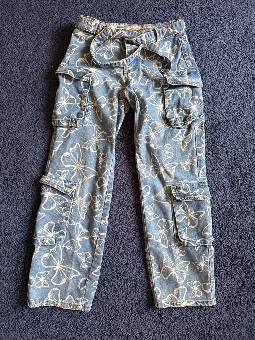 Kids Butterfly Cargo Jeans - Light Blue with White Print